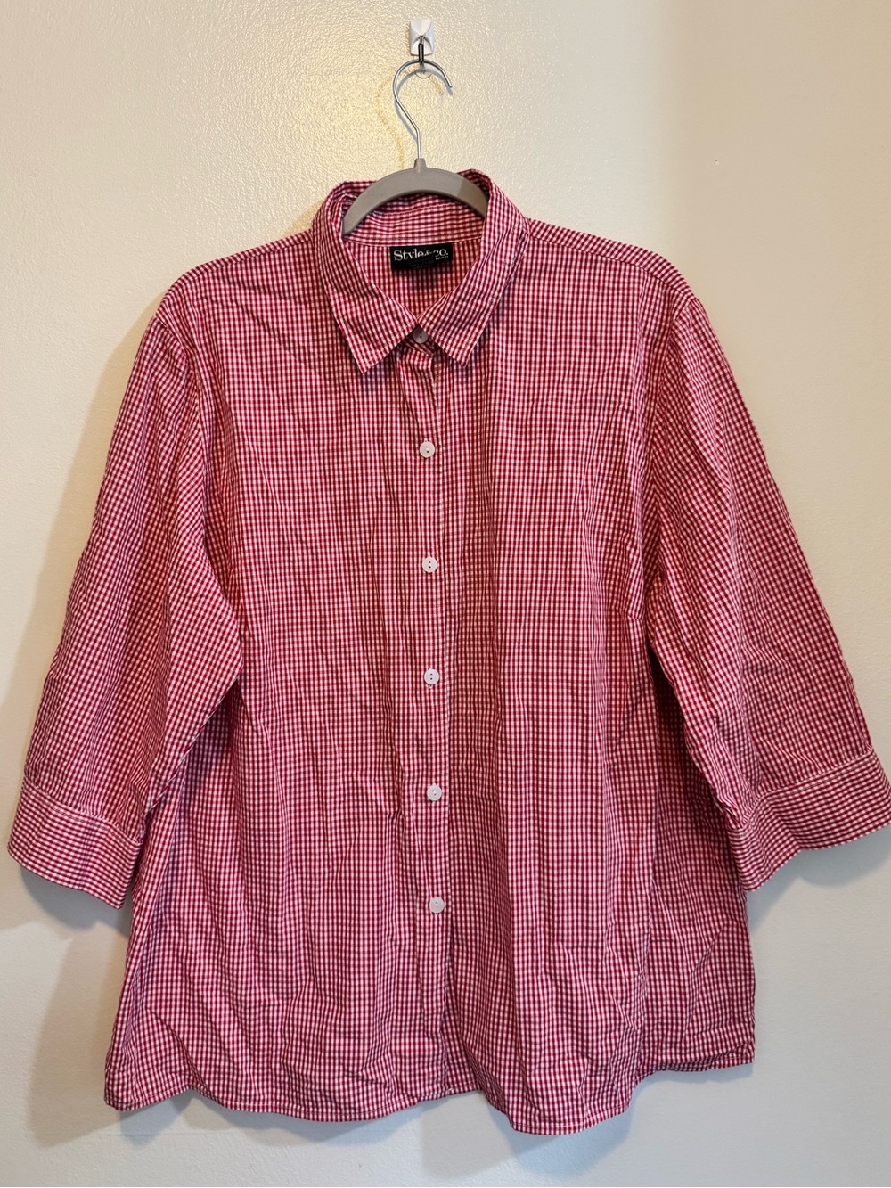 STYLE & CO  Red Gingham Button Down Collared 3/4 Sleeve Shirt - Women's Size 18W